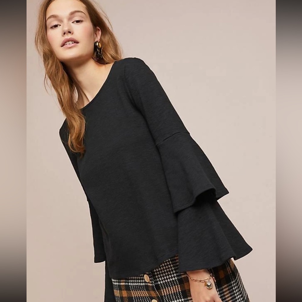 Eri + Ali Black Tiered Bell Sleeve Top Size Small